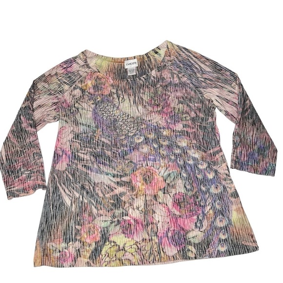 CHICO'S Multi-colored Floral Bird Sequins Embellished Top Size S - Picture 7 of 16